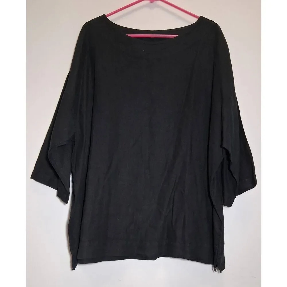 Bryn walker women xl boat neck blouse linen boxy black minimalist lagenlook top - Picture 1 of 8